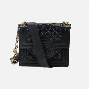 Balmain Womens Leather Textured Gold Tone Hardware Crossbody Bag Black